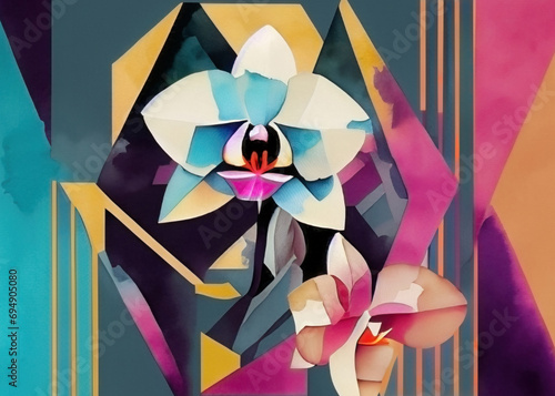 Abstrakter kubistischer Hintergrund mit 20er Jahre Orchidee photo