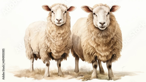 Watercolor illustration of sheeps on a light background. Farm animal life photo