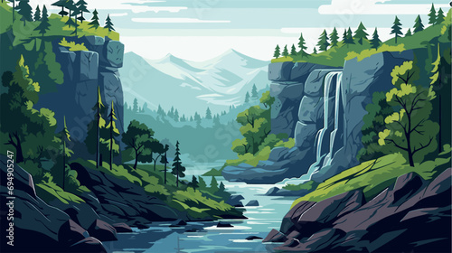 Beautiful landscape with a waterfall in the forest. Vector illustration.