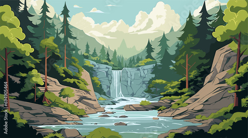 Beautiful landscape with a waterfall in the forest. Vector illustration.
