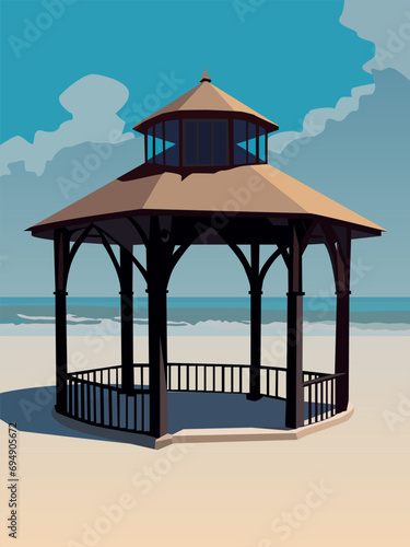 color vector illustration of a wooden gazebo on the seashore for decoration of scenes in the style of relaxation and vacation