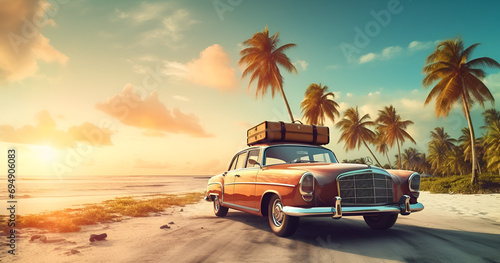 Travel, luxury car with luggage for relaxing on a tropical beach. sunset trip on palm beach, travel and summer holiday celebration