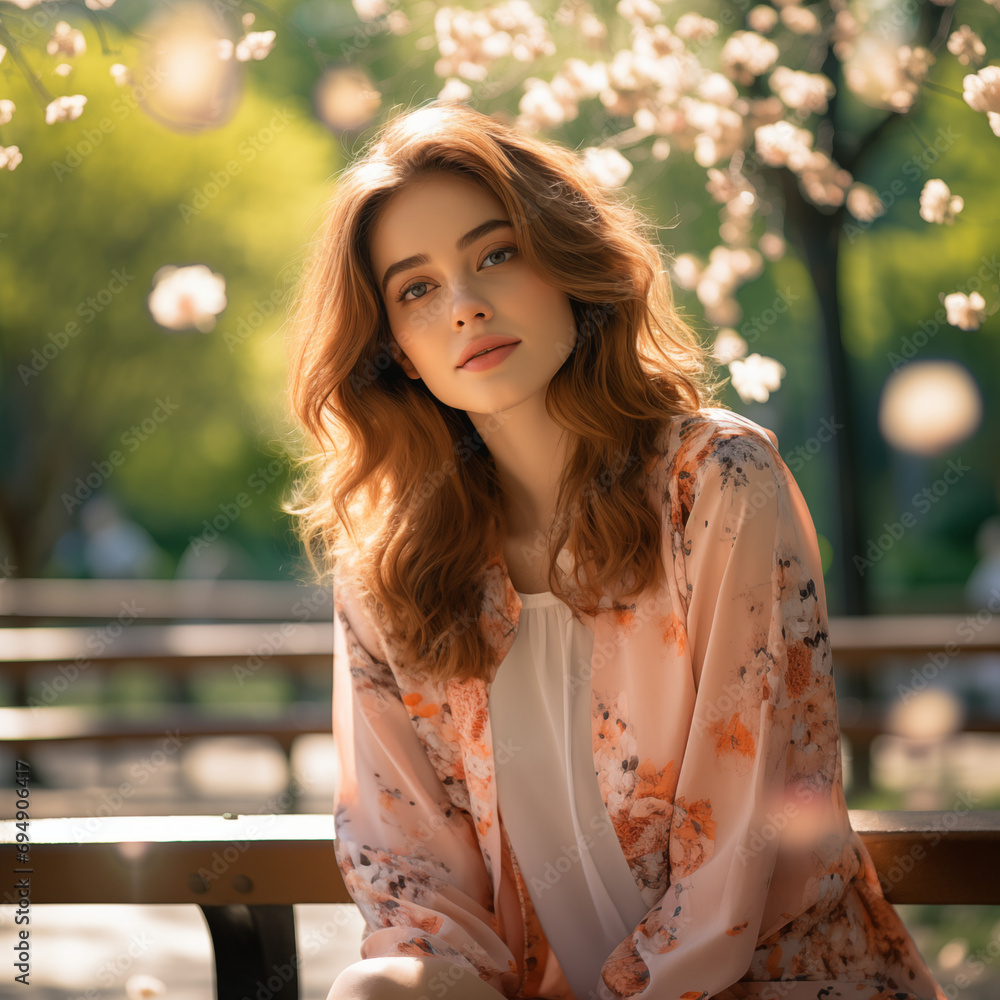 Obraz premium young woman in a sunlight park with flowers and trees in the background