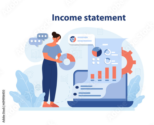 Professional reviewing an income statement. Woman engaging with dynamic graphs, pie chart insights, and financial data on digital interface. Business earnings assessment. Flat vector illustration.