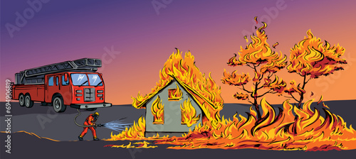 Vector drawing. Firefighter puts out the fire