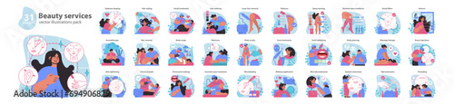 Beauty services set. Comprehensive self-care and wellness treatments. From skincare routines to hair styling and cosmetic enhancements. Flat vector illustration.
