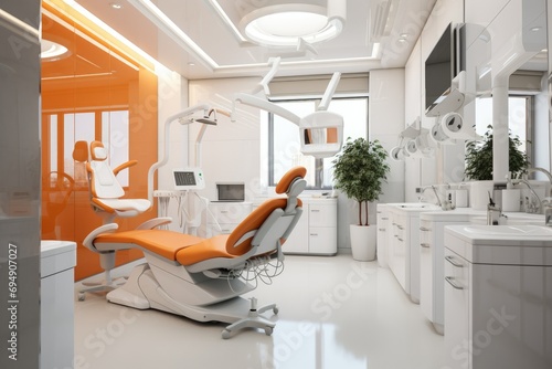 Modern dental office decoration pink color  Dental clinic chair in hospital bed  room  chair  window  Ai generated