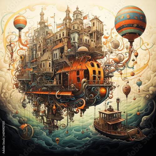 floating city on the clouds, utopia, surrealism