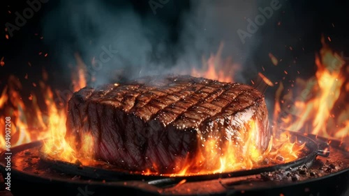 Delicious steak on fire video animation, seamless looping video animated background	 photo