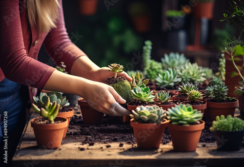 Female hands transplanting cactus in a close up shot symbolizing home gardening and care for plants using gardening tools and a bucket filled with earth for home spring planting