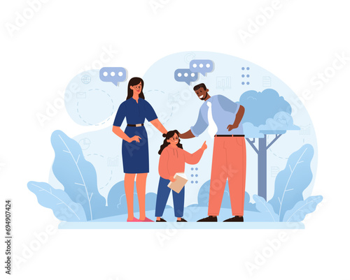 Step-parent Relationship Concept. A young girl bonds with her stepdad and mom in a park setting. Embracing new family dynamics with love and acceptance. Flat vector illustration.