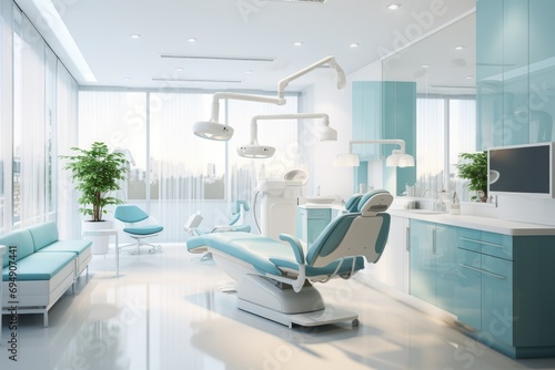 Modern dental office decoration sky color  Dental clinic chair in hospital bed  room  chair  window  Ai generated