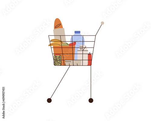 Shopping basket full of food and drink. Grocery cart with vegetables and fruits in paper package, water, milk, eggs, bread, olives. Vector illustration