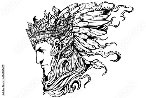 Angry hermes head hand drawn ink sketch. Engraved style vector illustration.