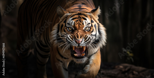 portrait of a bengal tiger  Photograph snarling tiger looking ahead Portrait