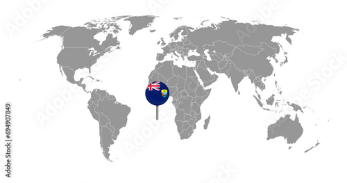 Pin map with Saint Helena  Ascension and Tristan da Cunha flag on world map. Vector illustration.