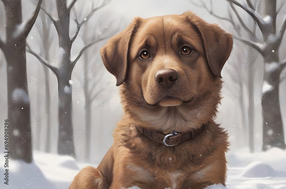 A brown dog in the snow. Illustration. Generative AI