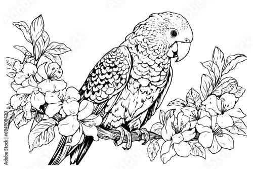 Parrot sitting on a branch hand drawn ink sketch. Engraved style vector illustration.