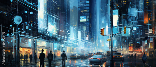 Invisible signals flowing within a vivid, bustling city highlighting digital communication