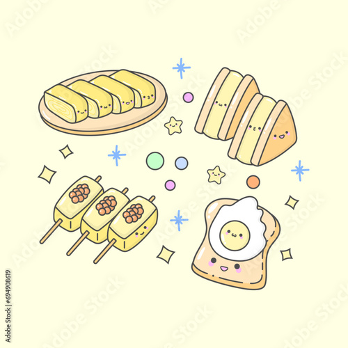 Vector Tamago Egg Bread Toast with cute facial expressions and pastel colour