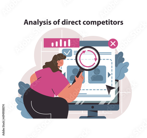 Direct competitors analysis concept. Specialist scrutinizing business rivals through detailed market research. Gaining insights for competitive advantage. Flat vector illustration.