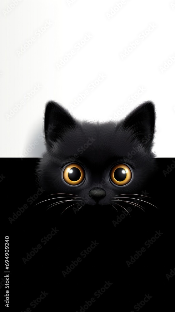 Fototapeta premium A black cat with yellow eyes peeking over a wall