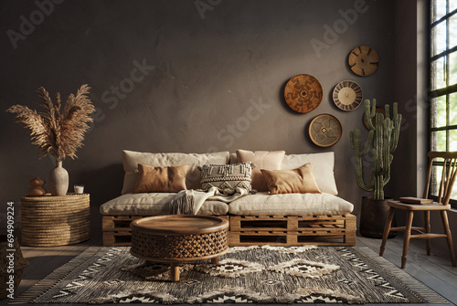 Fototapeta Naklejka Na Ścianę i Meble -  Dark Wabi sabi style interior with copy space on the limewash wall background. Wall mockup, 3d rendering
