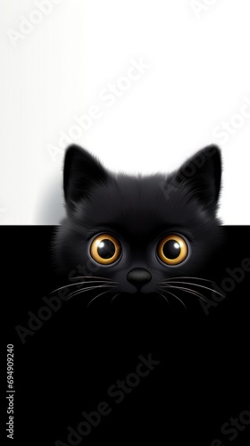 A black cat with yellow eyes peeking over a wall © Maria Starus