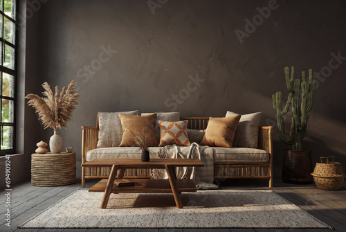 Dark Wabi sabi style interior with copy space on the limewash wall background. Wall mockup, 3d rendering
 photo