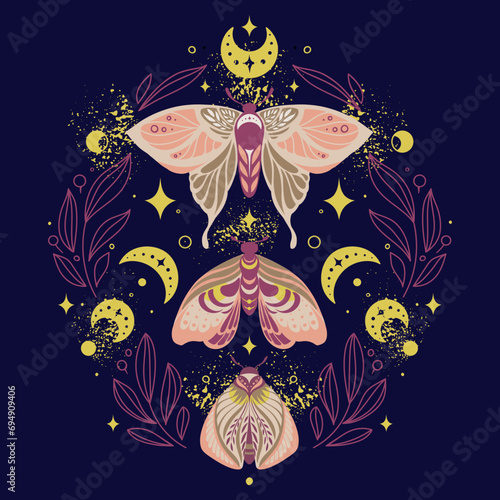 Composition of three butterfly night moths in a frame of twigs with crescents, stars and fairy dust on dark background. Vector symmetric celestial boho print