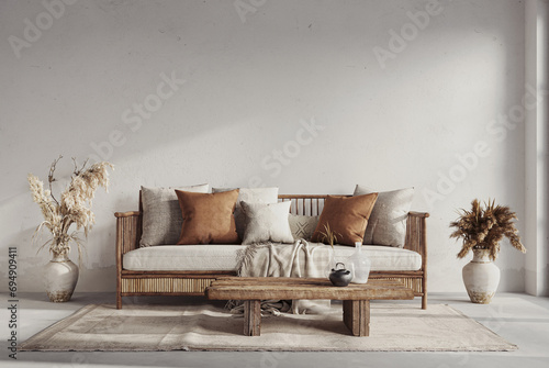 Wabi sabi style interior with copy space on the limewash wall background. Wall mockup, 3d rendering 
