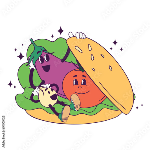 Vector cartoon illustration of veggie burger. Smiling mascots vegetable: tomato chickpeas eggplant lettuce leaves on a burger bun. 