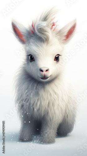 A small white goat with red hair and big eyes