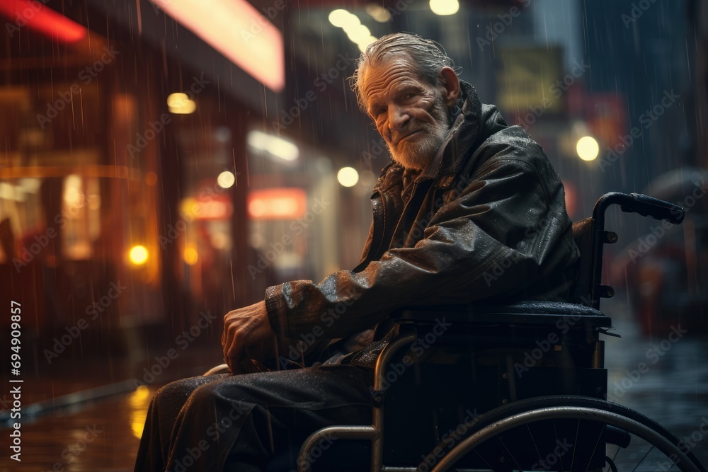 An old man is sitting in a wheelchair on a raining city ,Elderly man in a wheelchair on the background of the city, AI Generated An old man is sitting in a wheelchair on a raining city ,Elderly man in a wheelchair on the background of the city, AI Generated