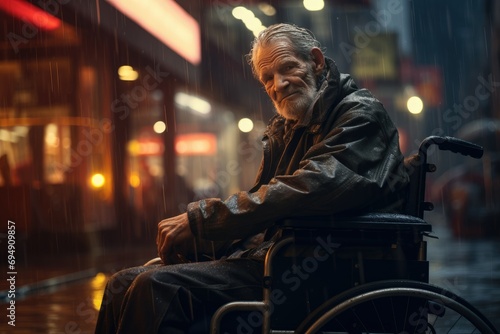 An old man is sitting in a wheelchair on a raining city ,Elderly man in a wheelchair on the background of the city, AI Generated