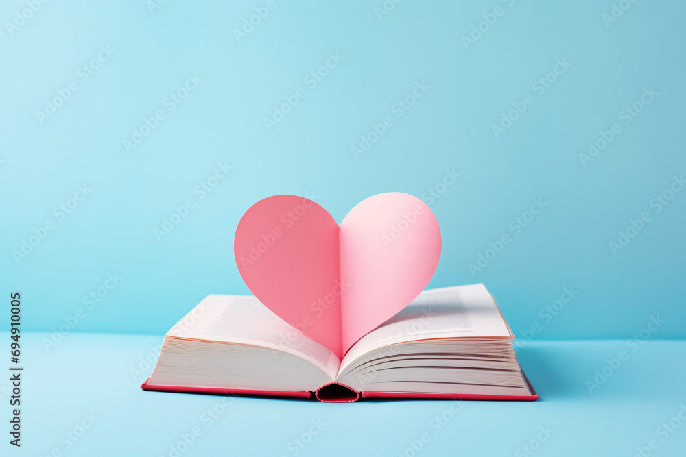 Open book with pink heart on pastel blue background Open book with pink heart on pastel blue background