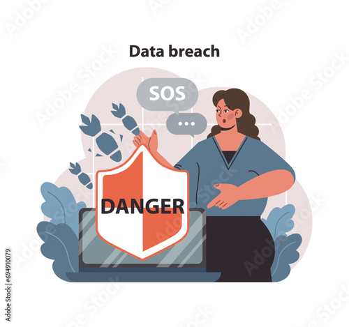 Data breach concept. Concerned woman signals SOS behind a laptop showcasing a danger shield. Immediate threat to cybersecurity and privacy. Flat vector illustration