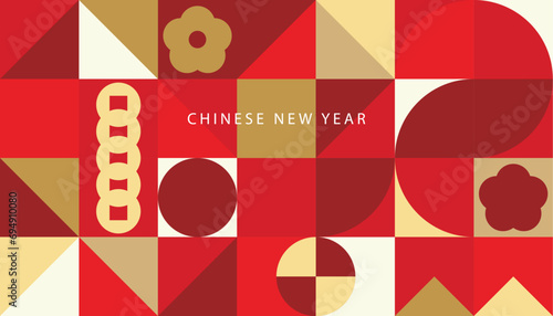 Happy Chinese New Year luxury style pattern background vector. Golden coins, oriental flower in red geometric shapes wallpaper. Oriental design for backdrop, card, poster, advertising.