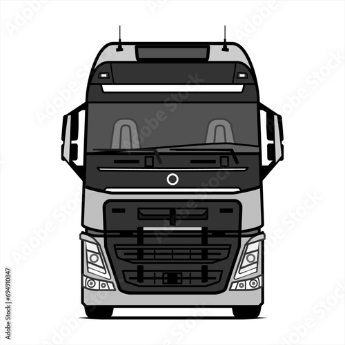 Front view truck diesel drive. Truck sketch. Trunk tractor. Vector flat graphic illustration isolated on a white background. Semi trailer truck abstract Gray silhouette. A hand drawn of a truck car.