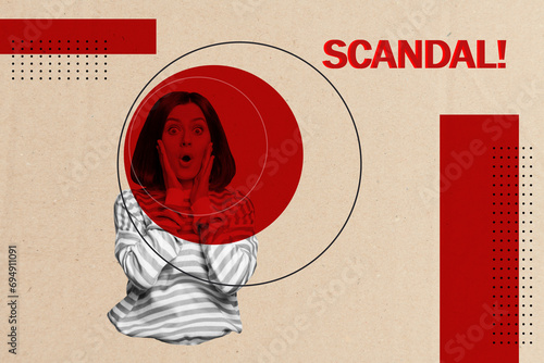 Schilderij op canvas Collage banner sketch of surprised woman impressed scandal breaking news wow omg