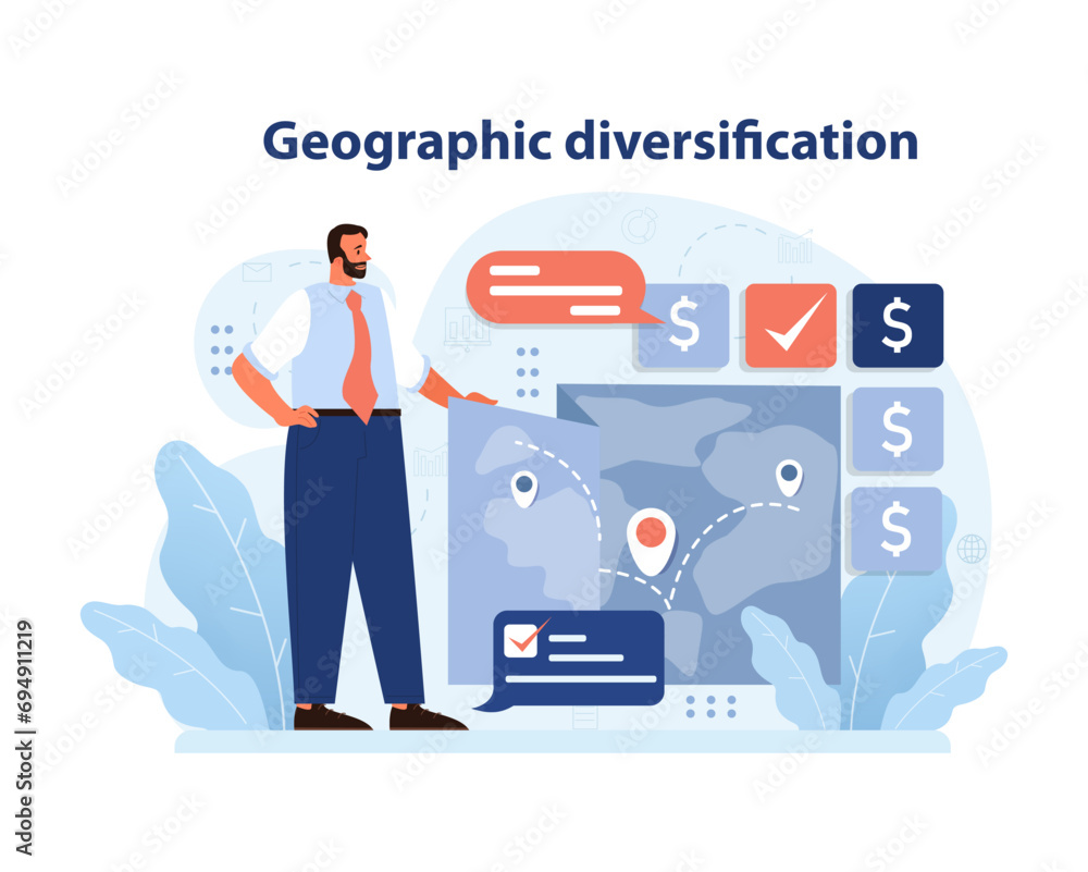 Confident businessman presents geographic diversification strategy on map interface. Enhancing global investments, spreading assets across regions for risk reduction. Flat vector illustration Confident businessman presents geographic diversification strategy on map interface. Enhancing global investments, spreading assets across regions for risk reduction. Flat vector illustration