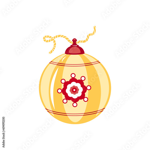 Christmas tree toy in folk style. Isolated glass ball. Colored decorative design element. Christmas trinkets and decorations. Cartoon vector illustration, icon, clip art