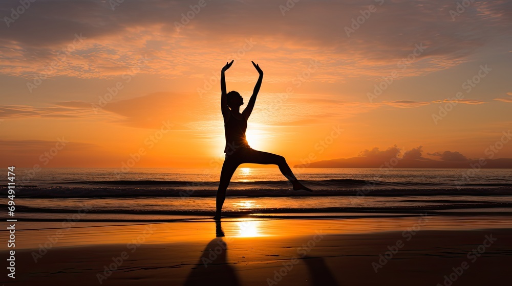 A yogi in the Half Moon Pose on a beach during sunrise, capturing balance and flexibility