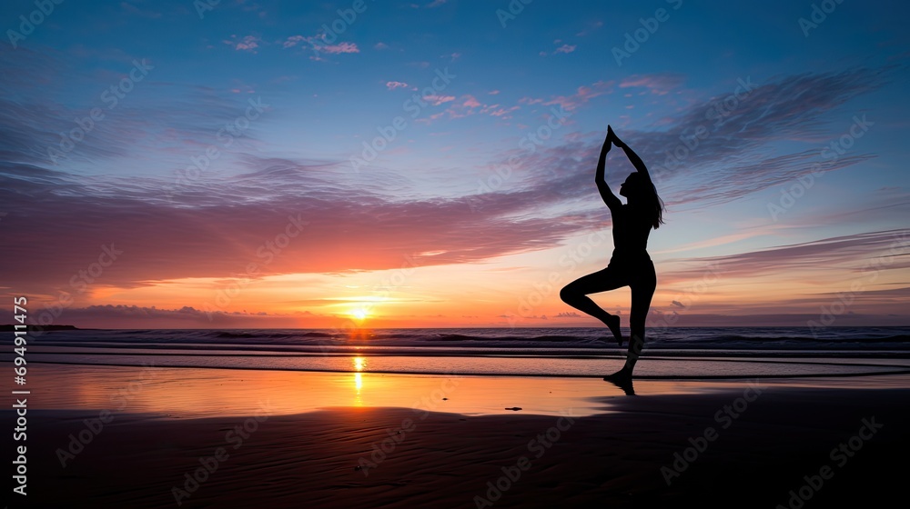 A yogi in the Half Moon Pose on a beach during sunrise, capturing balance and flexibility