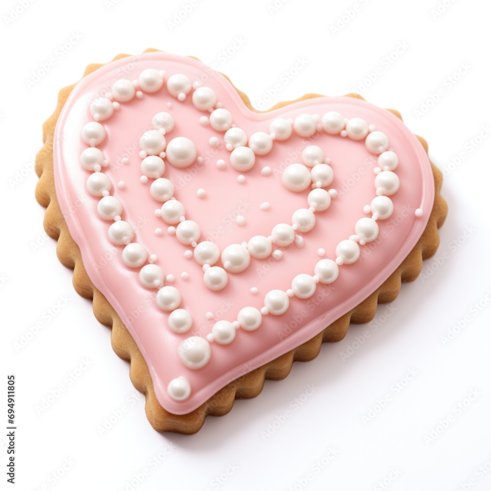 Heart Shaped Cookie with Pink Icing and Edible Pearls on White Background for Valentines Day Theme Heart Shaped Cookie with Pink Icing and Edible Pearls on White Background for Valentines Day Theme