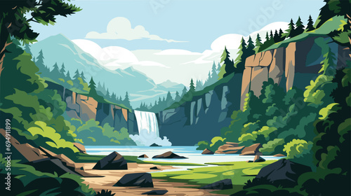 Beautiful landscape with a waterfall in the forest. Vector illustration, cartoon style