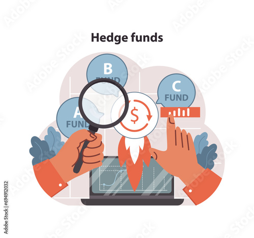 Hedge funds concept. Hands explore diverse portfolios with a magnifying glass, analyzing growth potential and risk management in the market. Investment strategy insights. Flat vector illustration