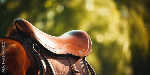 Horse riding saddle close-up, equestrian field behind. photo