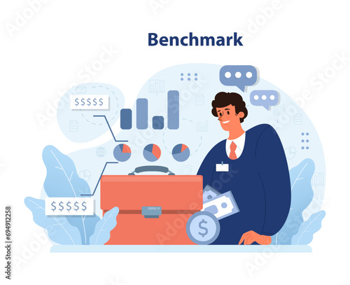 Benchmark concept. Confident businessman analyzes financial growth from suitcase, extracting money and insights. Performance measure. Flat vector illustration