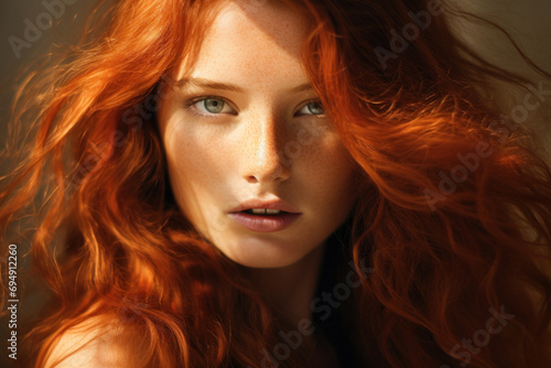 Stunning portrait of a woman with fiery red hair and freckles, her intense gaze capturing the essence of natural beauty